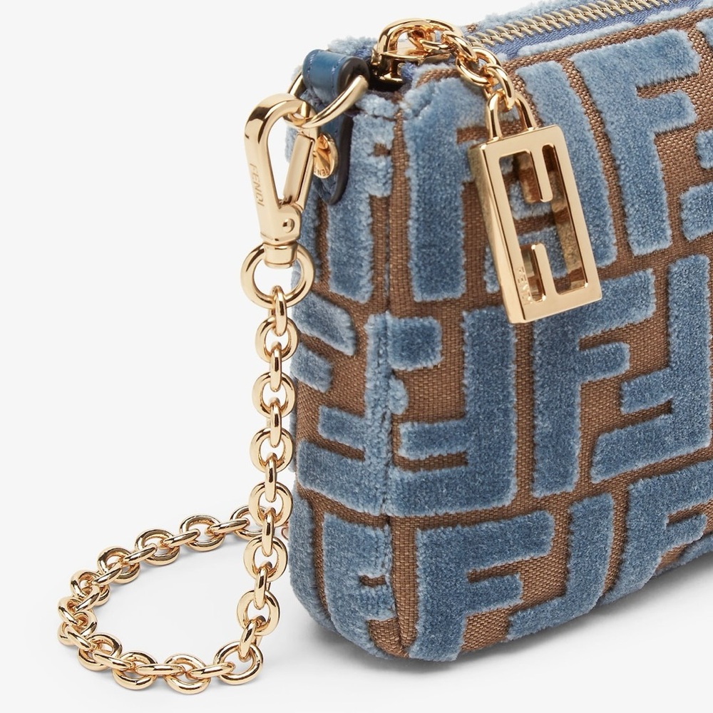 NEW FENDI Baguette Jacquard Velvet Embossed Pouch w/ chain, leather strap, tags